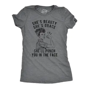 Womens She's Beauty She's Grace She'll Punch You In The Face T Shirt Funny Feminist Tee Funny Womens T Shirts Cute Vintage Fashion Casual Ladies T-Shirt Gift Funny Political Top Women's Novelty Tees Dark Grey