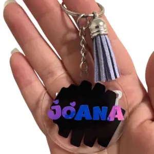 Custom Acrylic Keychain with Tassel Personalized Name Black Splat Holographic Vinyl 2x2 Inches Butterfly Design Everyday Use