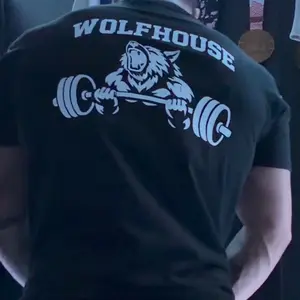Wolfhouse Men's T-Shirt - Black with Wolf and Barbell Design, Regular Fit, Short Sleeve, Casual Style