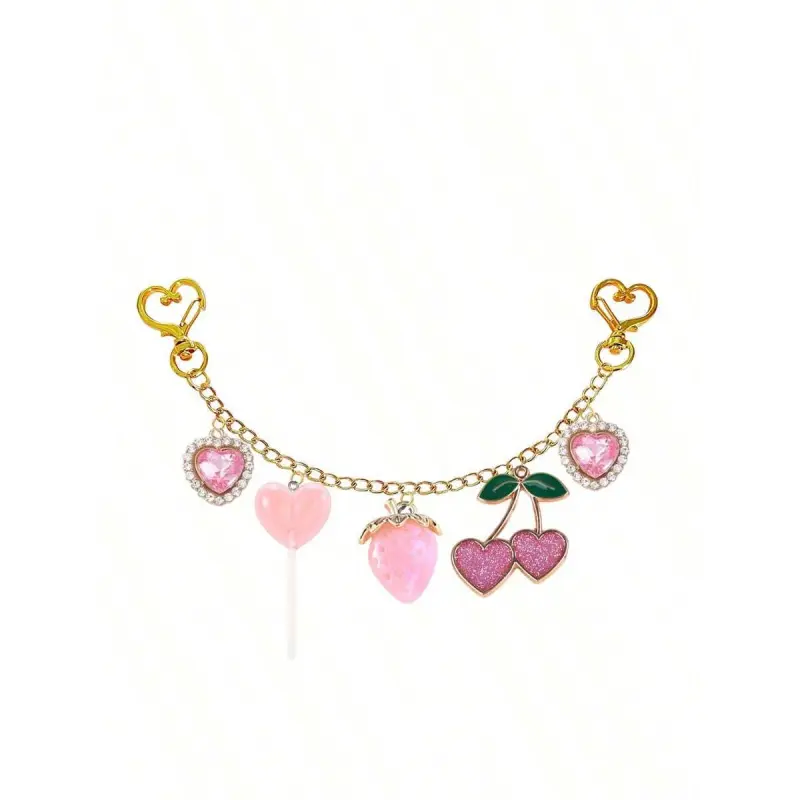 Gold Chain & Pink Heart Cherry Bag Purse Charms Chain Bag Decoration Chain Charm Decorative Bag Chain Charms Accessories Gifts For Shoulder Crossbody Underarm Bag Keychain Charms Cherry Bag Charm Cherry Charm Valentines