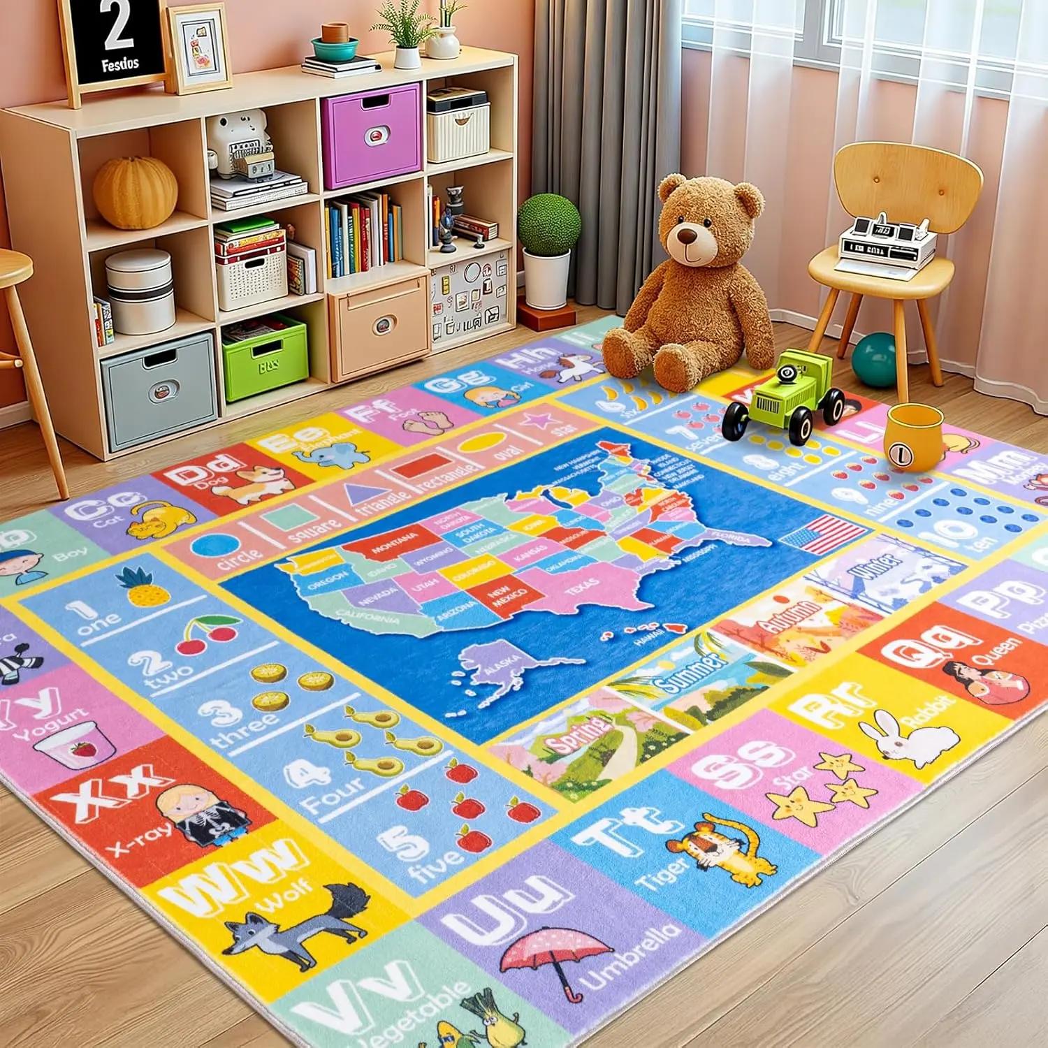 Kids Rugs for Playroom - Soft & Non-Slip round/rectangular Educational Rug for Learning ABC Alphabet, Numbers, Shapes & Map, Washable Classroom Rug for Toddler Nursery & Kids Room Decor