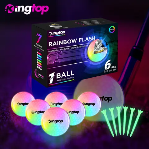 KINGTOP 6 Pack Glow in the Dark LED Golf Balls, Surlyn Cover, Resin Core, 7-Color Rainbow Flashing LEDs, Increased Elasticity, 10-Minute Reset Timer, Longer Drives, Glow Tees & Organizer Bag for Night Play Golf Enthusiasts, Synthetic Standard Size