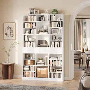 75" Tall Bookcase with Drawers, 9-Tier Farmhouse Wooden Bookshelf Storage Cabinet with Adjustable Shelves for Living Room Office