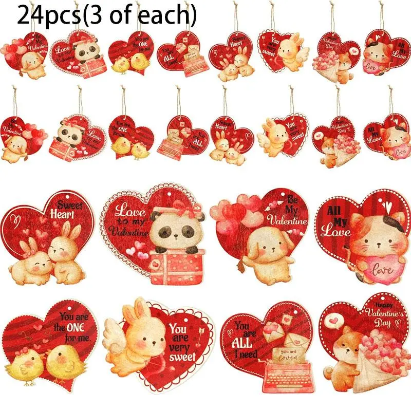 Valentine's Day Themed Hanging Ornament, 24pcs/set Cute Bear & Rabbit & Cat Pattern Hanging Decoration with Rope, Hanging Decor for Home Party