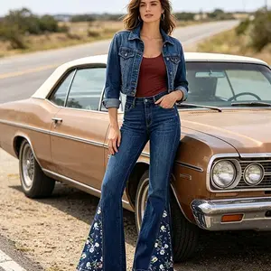 European & American High-Street Floral Flare Jeans | Heavy-Duty Side Print Slimming Must-Have | Tailored Elegant Floor-Length Pants