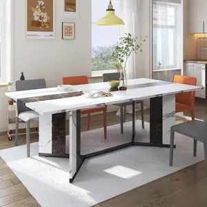 Large Farmhouse Dining Table for 4–10 People, Marble-Style Waterproof Top, Heavy Duty Kitchen & Dining Room Table