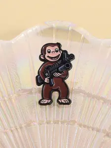 1 Piece Curious George Cartoon Enamel Pin Dark Humor Parody Monkey with Machine Gun Design Funny Brooch for Backpack Jacket Decoration Gift for Fans Adult Humor Collectors