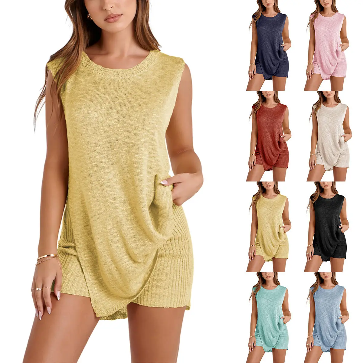 Yeokou Womens Beach 2 Piece Sets Knit Loungewear Crew Neck Pullover Casual Sleeveless Sweater Tank Top Shorts