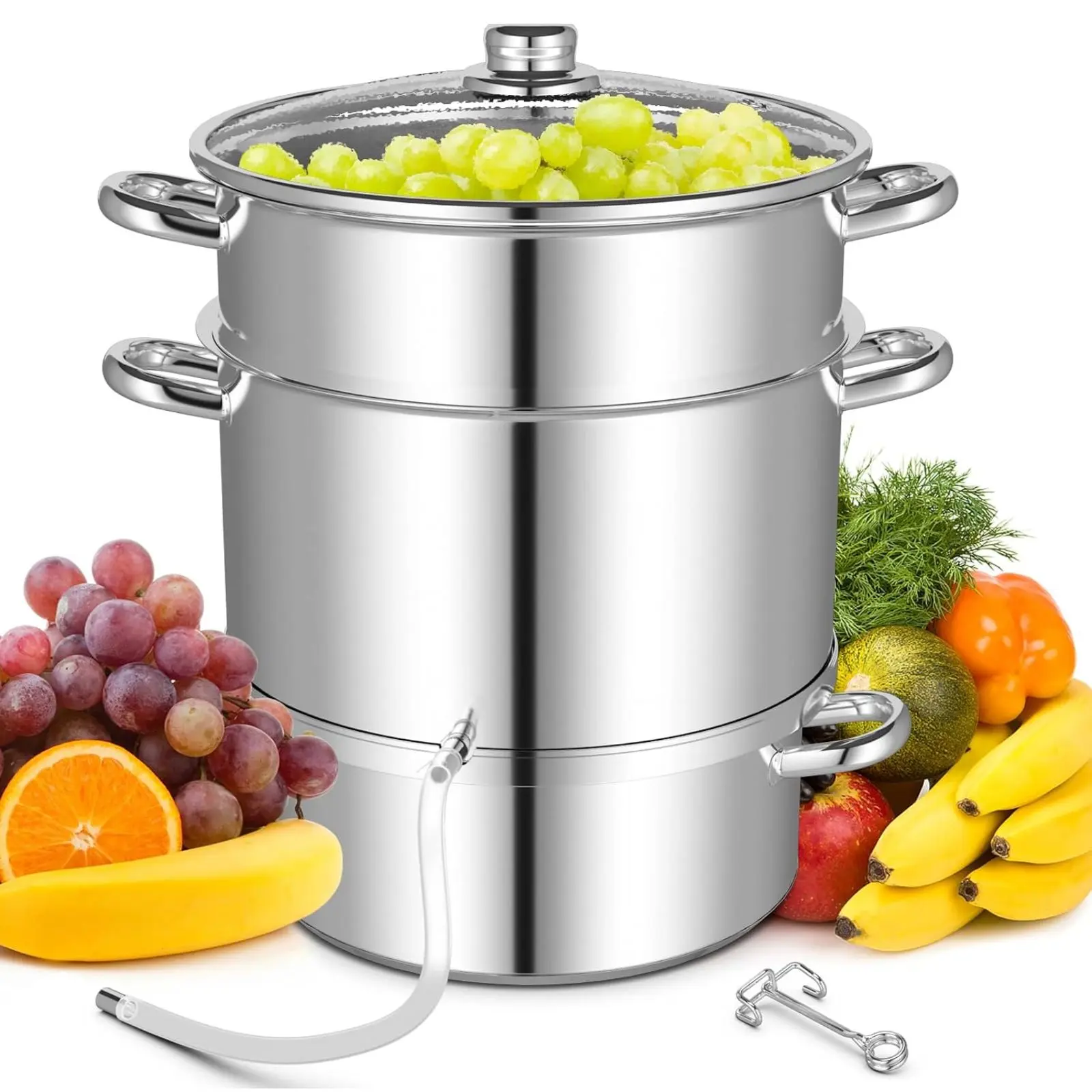 COSTWAY Steam Juicer for Canning, 11 Quart Fruits Vegetables Steamer with Tempered Glass Lid, Silicone Hose, Clamp and Loop Handles, Stainless Steel Steamer Extractor for Making Jelly, Jam, Juice