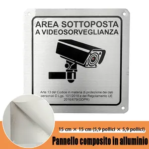 Italian Aluminum Monitoring Sign Area Under Video Surveillance Self-Adhesive Plate, Security Warning Sign for Businesses & Homes