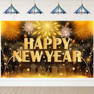 1pc New Year Backdrop Extra Large Golden Fireworks Happy New Year Text No Electricity Needed Durable Polyester for Birthday Wedding Corporate Event