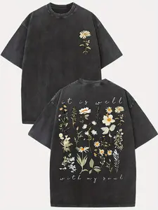 Men's Vintage "It Is Well with My Soul" Floral Graphic Tee - 230g Washed Cotton, Distressed Streetwear, Drop Shoulder, Loose Fit Short-Sleeve Round Neck, Summer Casual T Shirt, Mens Gifts, Vintage Clothing, Funny Graphic Tees Merch Top Crewneck Menswear
