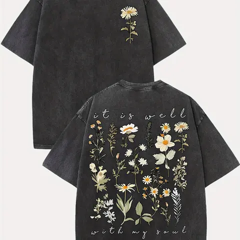 Men's 230g Washed Cotton Vintage Graphic Tshirt - Back to School, "It Is Well with My Soul" Floral Print, Distressed Look, Drop Shoulder, Loose Fit, Shortsleeve, Round Neck, Summer Casual Menswear, Mens Gifts