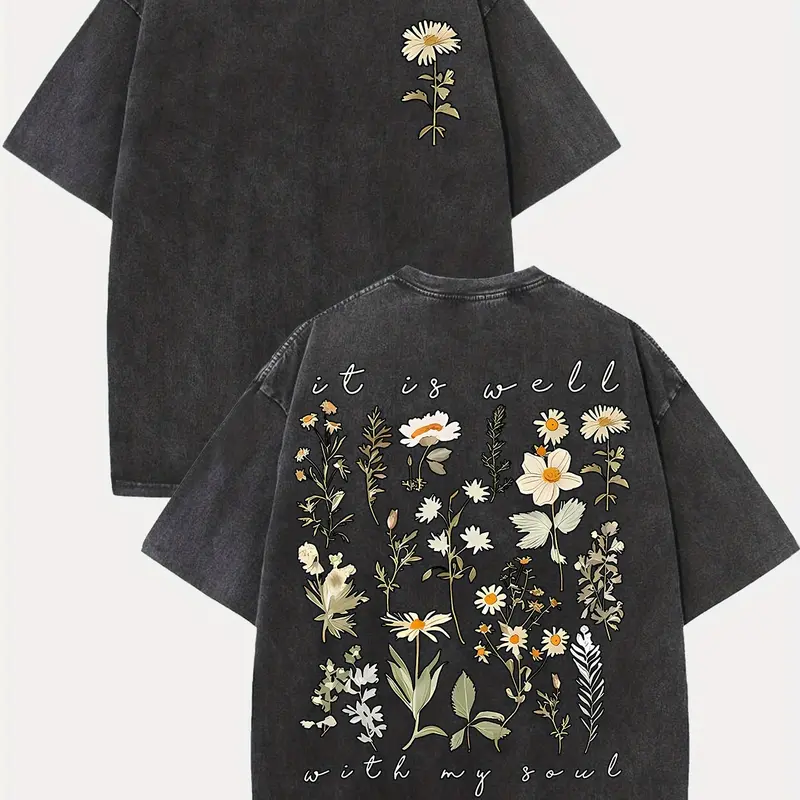 Men's 230g Washed Cotton Vintage Graphic Tshirt - Back to School, "It Is Well with My Soul" Floral Print, Distressed Look, Drop Shoulder, Loose Fit, Shortsleeve, Round Neck, Summer Casual Menswear, Mens Gifts