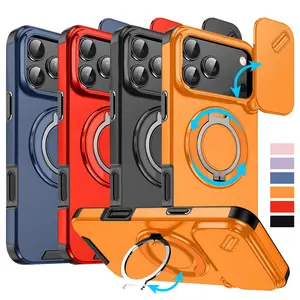 Magnetic Case Slide Camera Lens Cover For iPhone 17 16 Pro Max 15 14 13 12 360 Metal Ring Stand Bracket Holder Cover Car Mounted Military-Grade Shockproof Protective protector Casing Protection Cellphone Smartphone#MothersDayGift #GiftsForHer