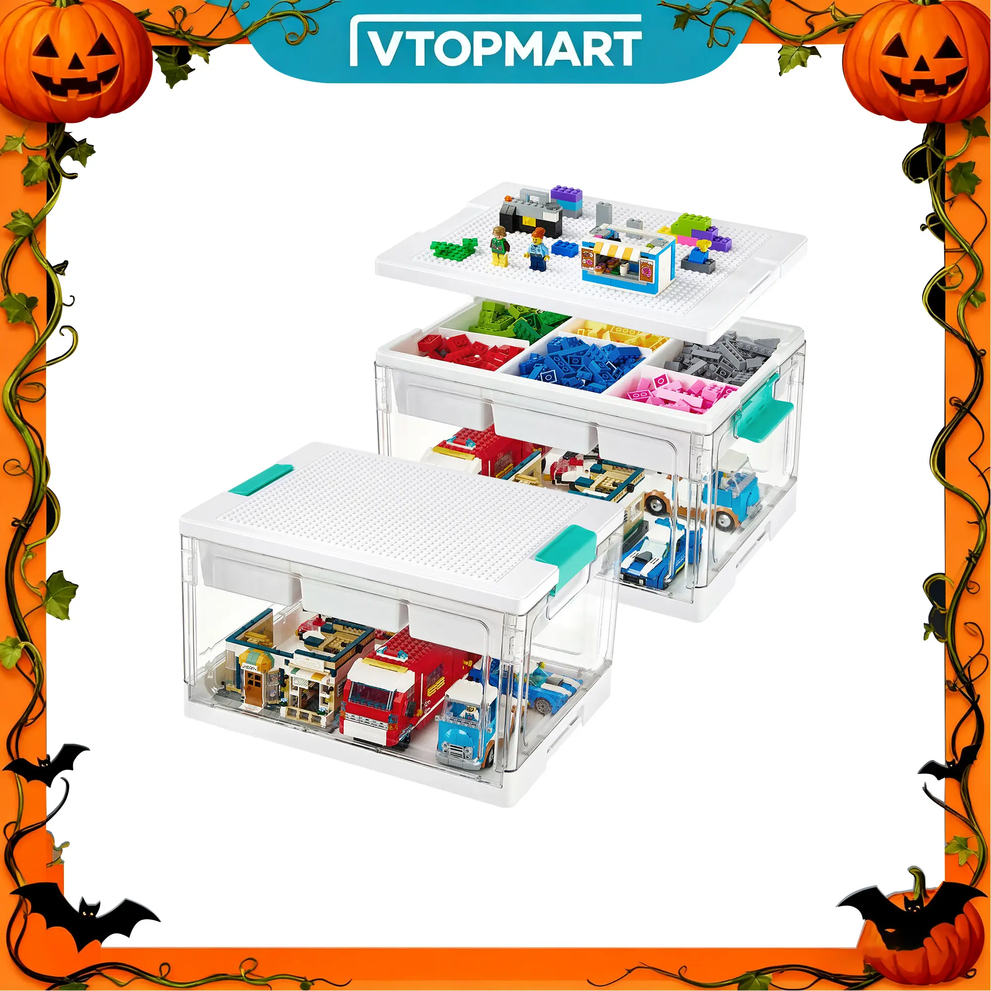 【Building Block Station】Vtopmart 2/4Pack 24QT Collapsible Lego Organizer Storage Bin, Multilayer Storage, Building Baseplate Lid, Removable Tray, Divided Compartment Water&Dust Proof Lockable, Playroom Restock, TikTokShopFallDealsForYou, Halloween Gift
