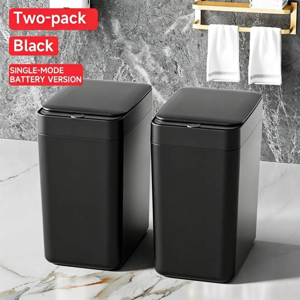 2 Pack 15L-B style Touchless Motion Sensor Trash Can, Automatic Smart Garbage Bin with Lid, Waterproof Slim Waste Bin for Bathroom Bedroom Office RV Black