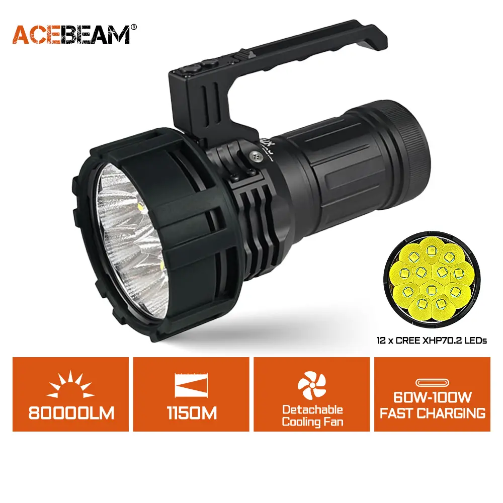ACEBEAM X75 Super Bright High Lumen Rechargeable Powerful Flashlight - 67000 Lumens, 14.4V, 1.5H PD60W, Hard-Anodized Aluminum Body, Power Bank Function, Cooling Fan, Batteries Included, IP68 6.5ft Safe Searchlight for Camping, Hiking, High Lumen Flashlig