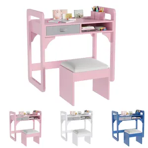 Study Table, White Wooden Kids Desk Chair Set, Adjustable Study Workstation with Bookshelf Pen Holders and Cloth Drawer, Perfect for Children Reading Writing Homework