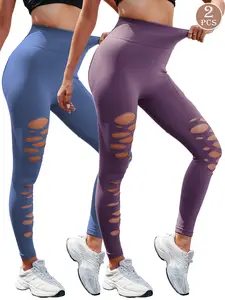 2 Pcs Fitness Sports Leggings Women's Ripped High Waist Leggings Casual Comfy Breathable Skinny Pants for Yoga Gym Workout Running Ladies Sportswear for All Seasons Tight Leggings Sports Bottoms