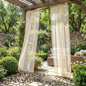 1pc Vintage Rustic Lace Curtain with Fringe, Cream Color, Soft and Transparent, Suitable for Boho, Nordic, Outdoor Decor