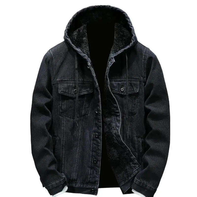 Mens Fleece Lined Denim Hoodie Jacket - Winter Warm Cowboy Jean Jacket, Casual Button Down Style, Thicken Trucker Coats - Sweatshirts, Menswear