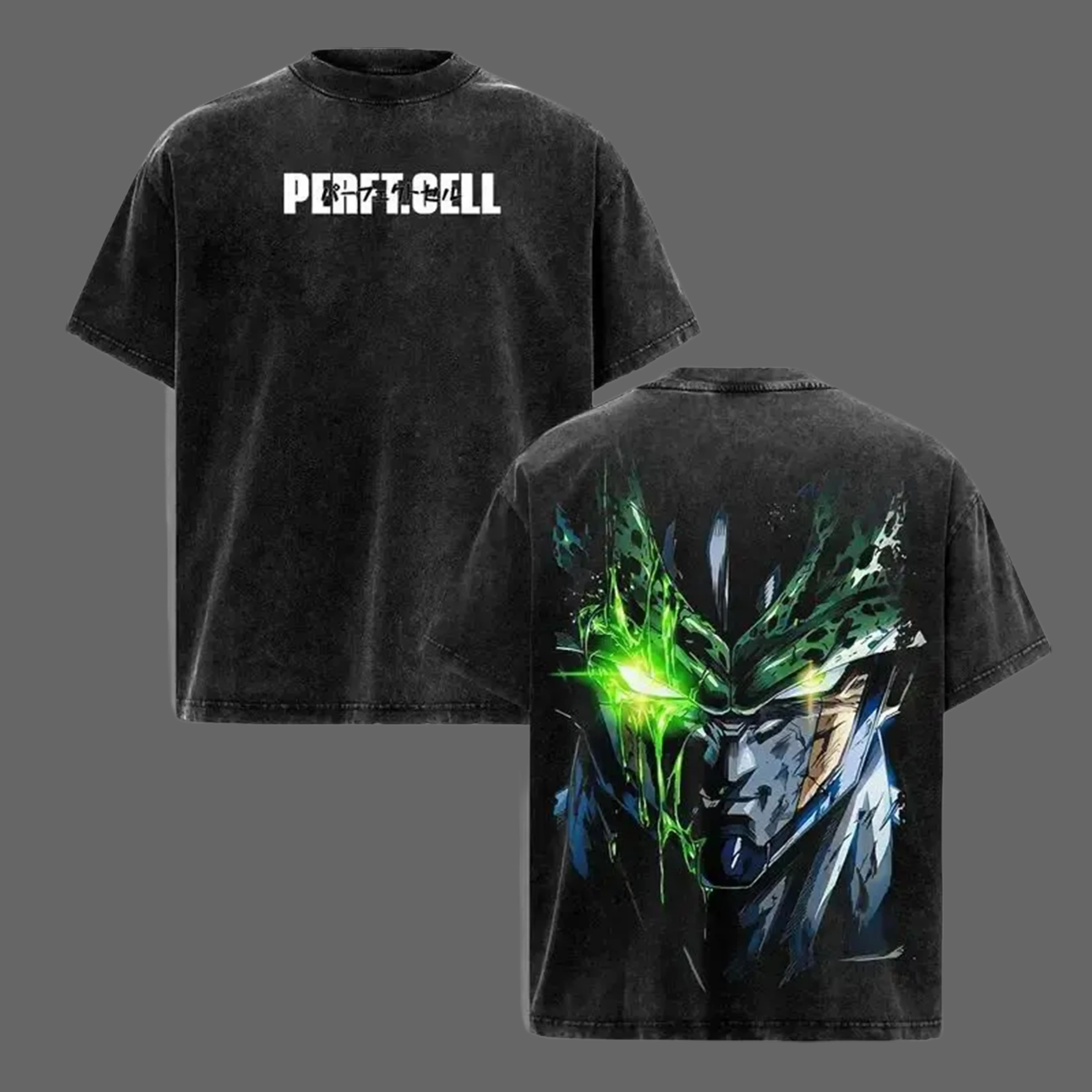 Perfect Cell Vintage Washed Oversized Anime T-Shirt, Bio-Android Evolution Graphic Tee, Dragon Green Aura Streetwear, Heavyweight Cotton Unisex Gift Shortsleeve Casual Crewneck Round Neck Tropical Man Menswear