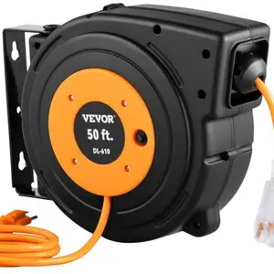 VEVOR Retractable Extension Cord Reel 45-60FT Heavy Duty SJTOW Power Cord with Lighted Triple Tap Outlet - 50 FT 14AWG