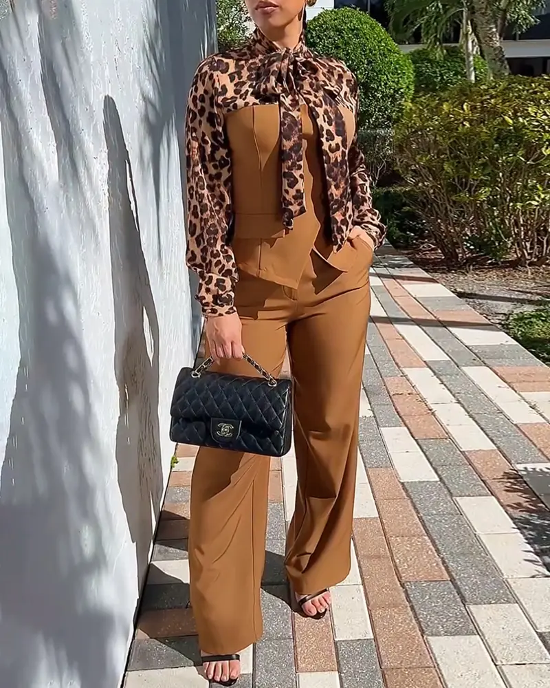 CHICME Women's 2 Pieces Outfit Leopard Print Spliced Tie Neck Long Sleeve Double Breasted Front Flap Detail Top and Zipper Fly Wide Leg Pants Set Casual Commuting Set