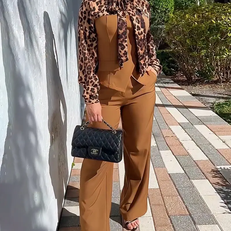 CHICME Women's 2 Pieces Outfit Leopard Print Spliced Tie Neck Long Sleeve Double Breasted Front Flap Detail Top and Zipper Fly Wide Leg Pants Set Casual Commuting Set