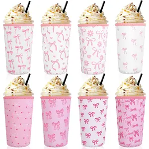 8 count  Sleeves for Iced Coffee Cup  Bow Cup Coolie  Bow  Coffee Insulator Sleeves Neoprene Insulated Holder for Iced & Hot Drinks, 22-24 oz