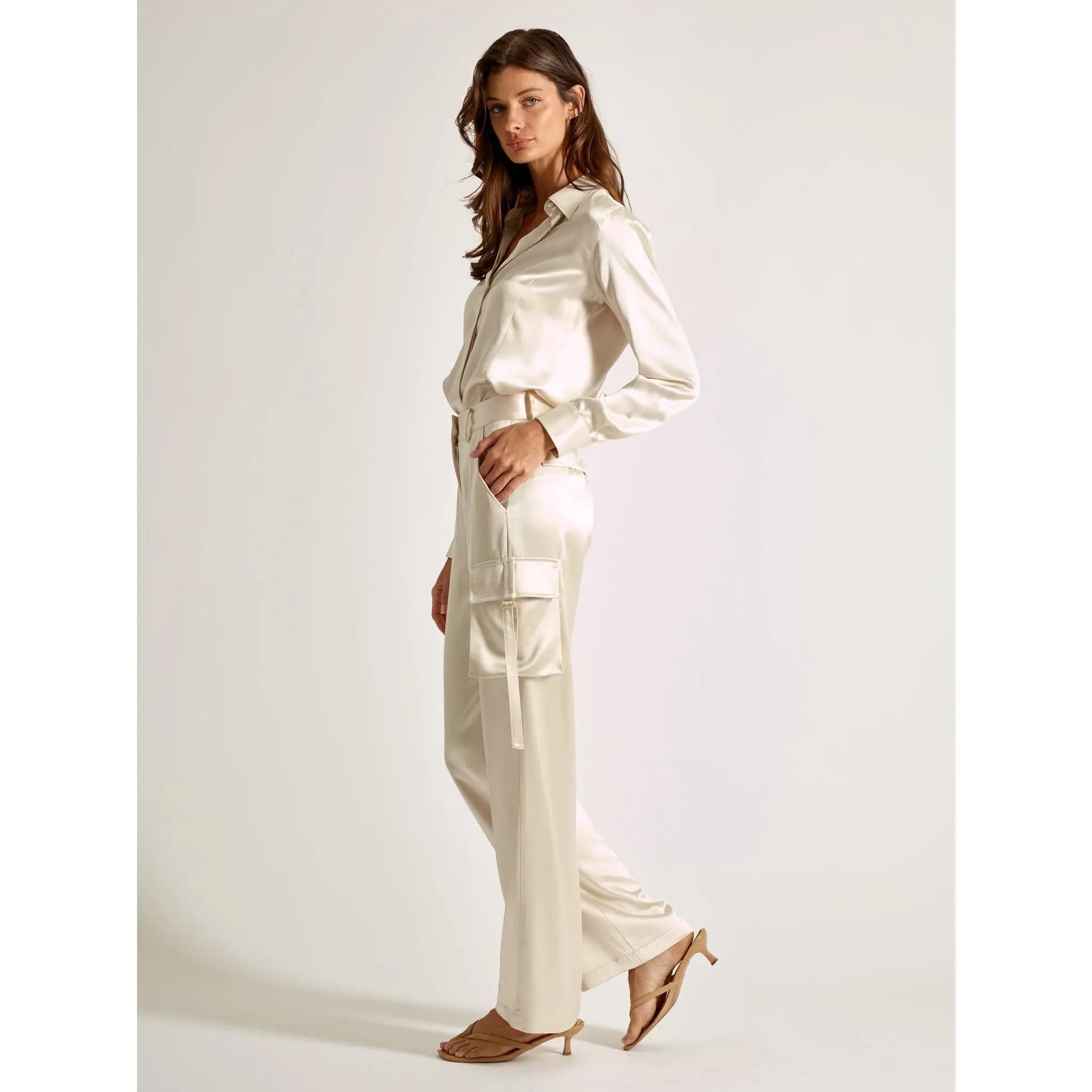 Silk Cargo Pants - Luxury Silk Wide Leg Trousers with Gold Buckle Detail