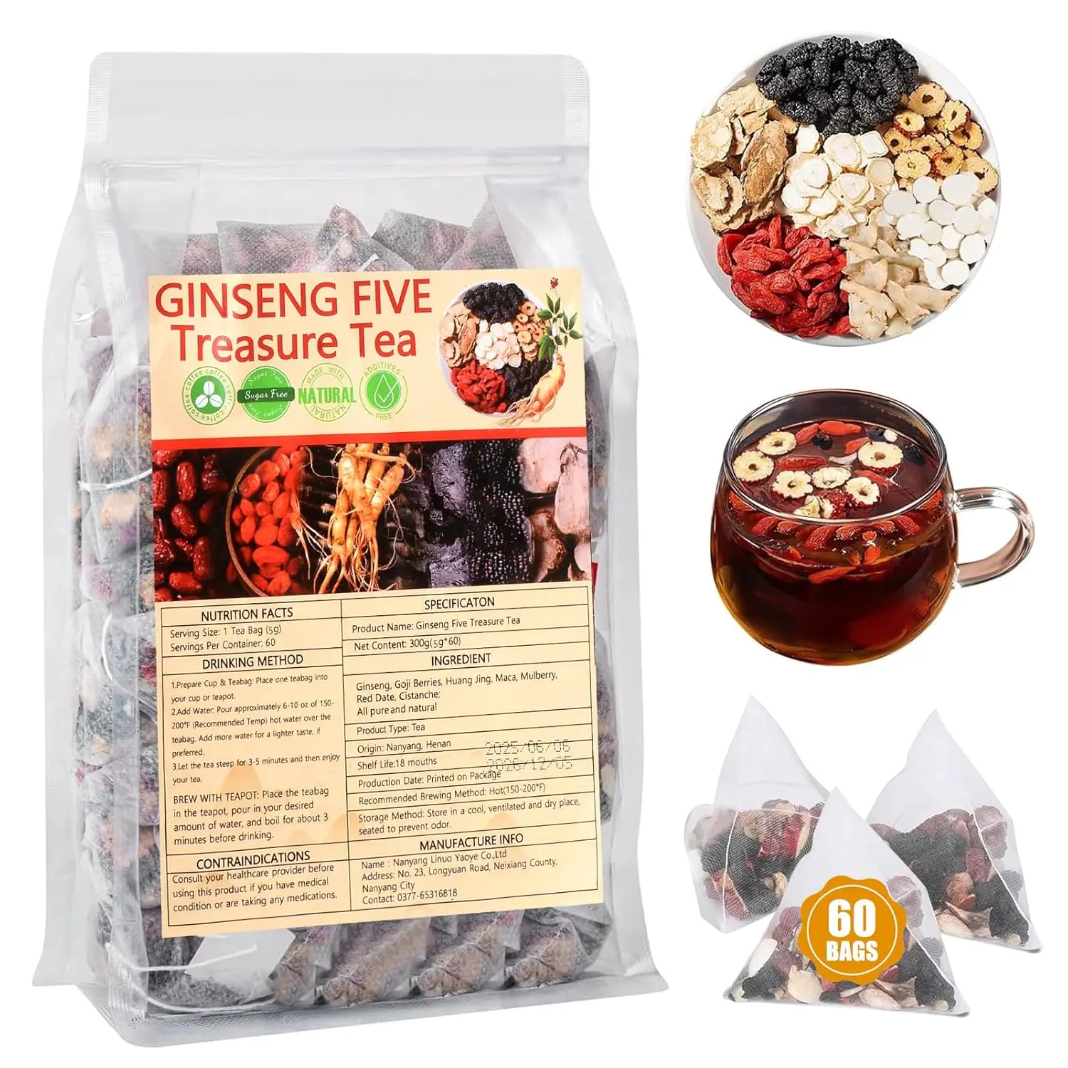 Ginseng Six Treasure Herbal Tea 60 Tea Bags Traditional Chinese Herbal Tea Blend Daily Wellness Support for Women & Men Caffeine Free