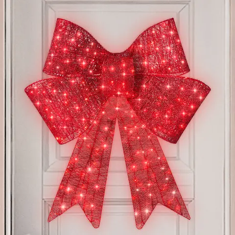 Best Choice Products Pre-Lit Christmas Bow, Large Outdoor LED Lighted Holiday Décor w/ 8 Light Functions, Hook