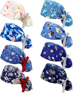 8 Pcs Scrub Caps for Women with Buttons, Adjustable Bouffant Surgical Nurse Hat with Ponytail Holder and Sweatband Tie Back for Long Hair