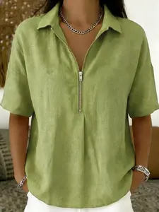 European and American Style Solid Color Half-Zip Collar Shirt Blouses, Loose Fit Breathable Linen Casual Top, Comfortable and Stylish Upperwear