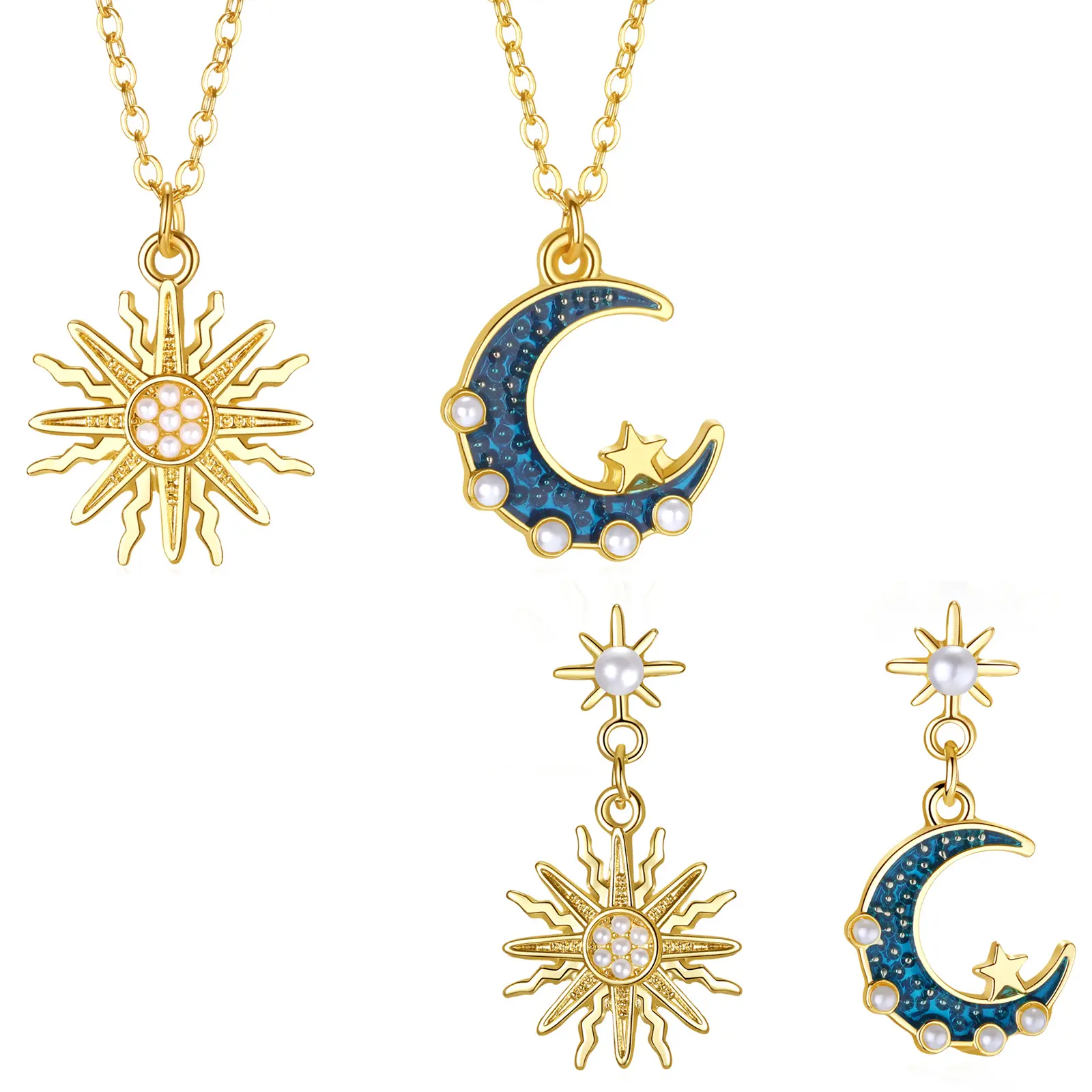 OIDEA Boho Jewelry Set for Women, 3-Piece Gold Tone Sun, Moon & Stars Layered Necklaces and Earrings with Artificial Pearls, Lightweight for Daily Wear, Alloy, Everyday, Lightweight Yet Durable, Necklace 15.75", Vintage