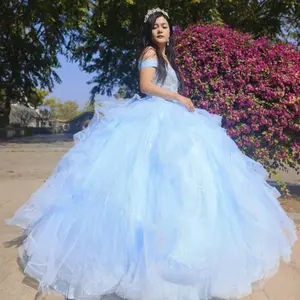 NO.27 Sequined Patterned Glitter Net Quinceañera Dress with Tulle Flounces Design On Skirt L.blue Blush Champagne Ball Gown Dress