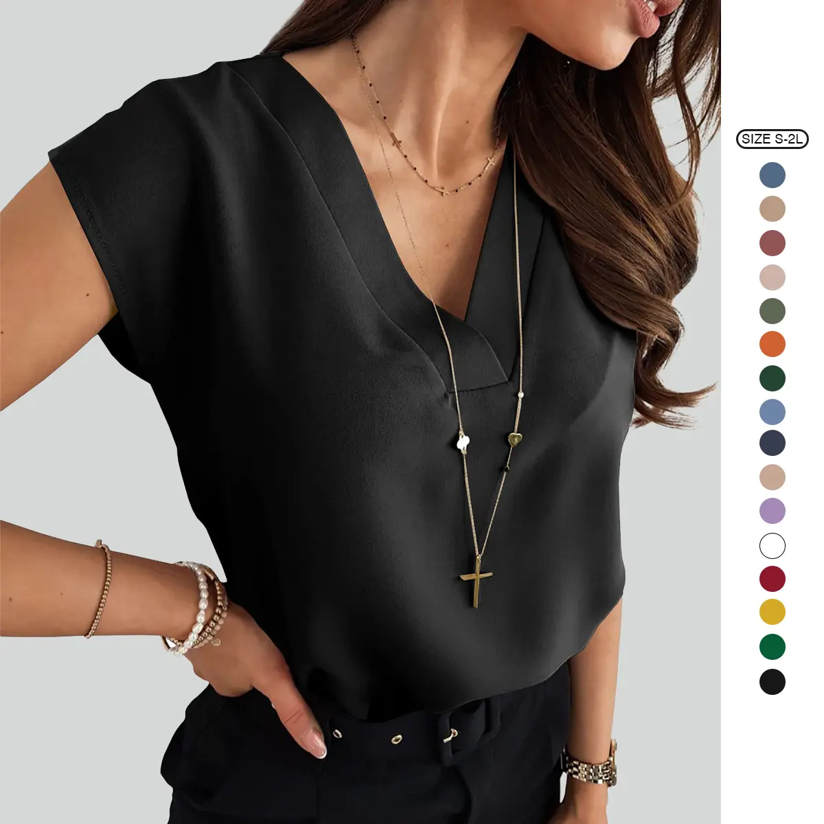 Imily Bela  Women's V Neck Chiffon Blouses Cap Sleeve Shirts Casual Loose Work Office Solid Tops
