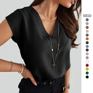 Imily Bela  Women's V Neck Chiffon Blouses Cap Sleeve Shirts Casual Loose Work Office Solid Tops