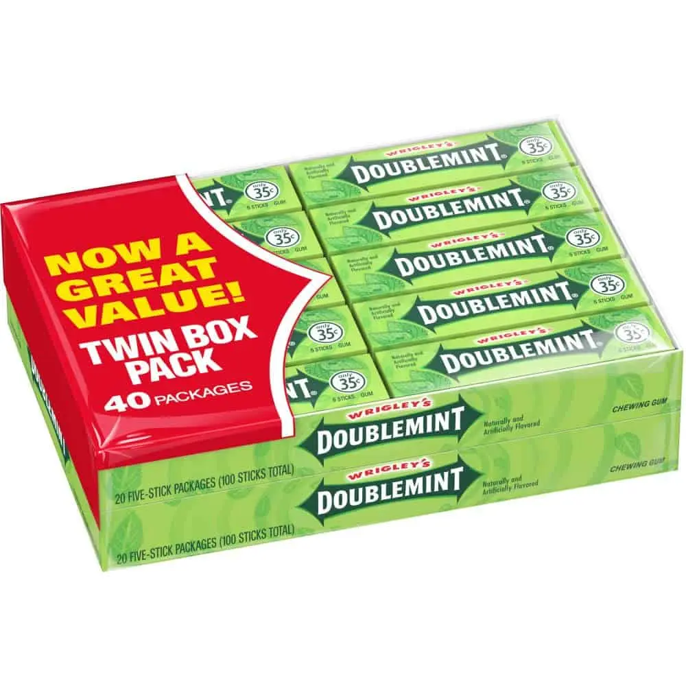 WRIGLEY’S DOUBLEMINT Classic Mint Chewing & Bubble Gum Snack - Bulk 5-Stick Packs, 40-Pack Set - Contains Aspartame, Sugar, Glycerin, Gum Base - Youth-Friendly, Ambient Storage Compatible