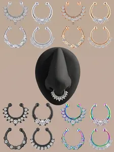 Punk Style Fake Nose Ring Stainless Steel Zircon Embedded Clip-On Septum Ring, 10mm Inner Diameter, Unisex, Daily Wear, Music Festival