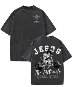 Women's "Jesus: The Ultimate Deadlifter" Print Tee, 100% Cotton Washed, Short-Sleeve, Round Neck, Fitted, Distressed Streetwear Casual Top, Summervibes Black