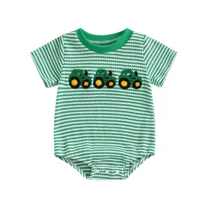 Newborn Baby Boy Girl Striped Romper Waffle Farm Tractor Short Sleeve Onesie Bodysuit Country Jumpsuit Summer Outfit