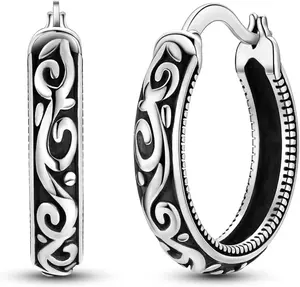 Vintage Filigree 925 Sterling Silver Oval Small Hoop Earrings for Women Fashion Flower Dainty Huggie Hoops Hypoallergenic Trendy Jewelry Birthday Gift for Her