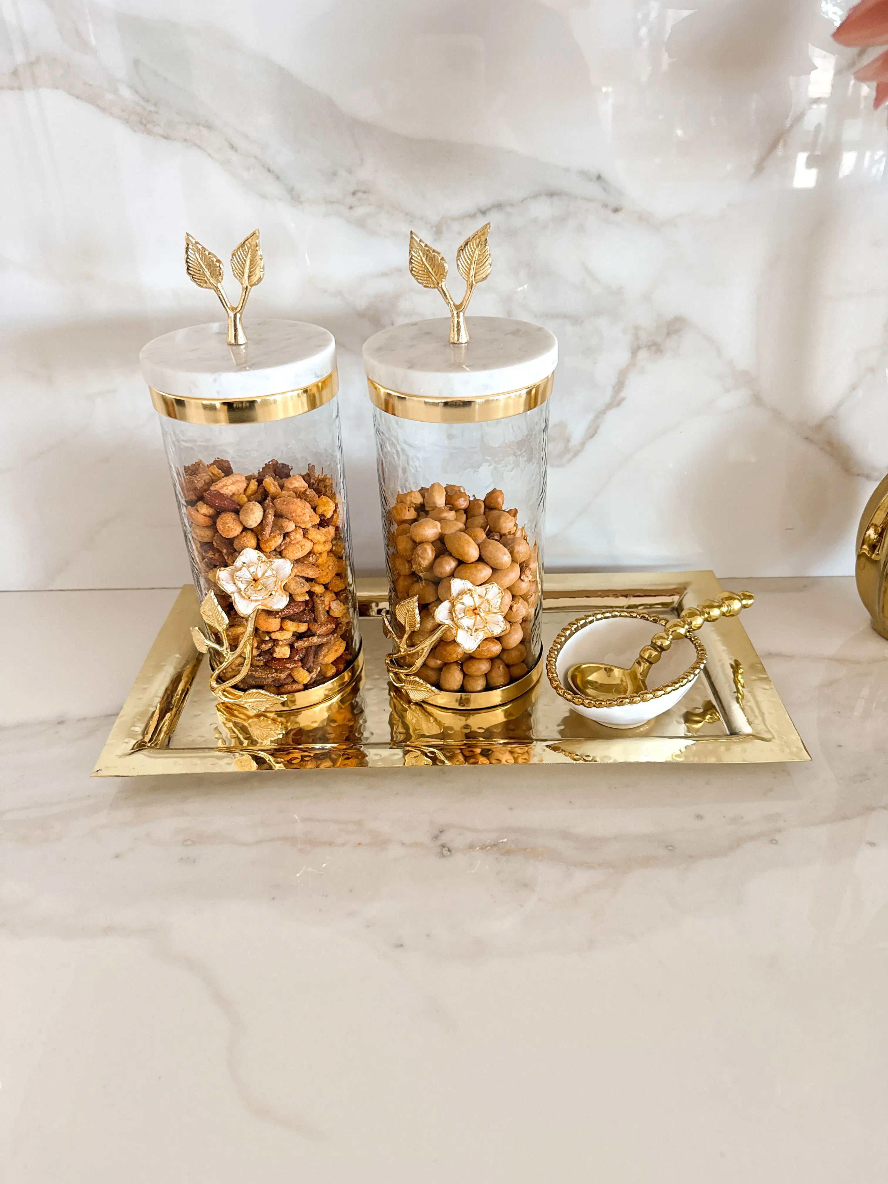 Marble Gold Lilly Flower with Leaf Canister