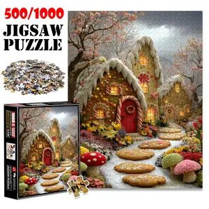 1pc 1000 piece adult puzzle 70x50cm Gingerbread House Village with Flower - filled Pathway 500 pieces of paper jigsaw puzzle, suitable for adults and families, large-scale DIY puzzle interactive to
