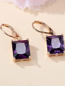 Purple Synthetic Crystal Zirconia Rectangle Stone Pendant Hoop Earrings For Women Vintage Gold Color Ear Buckle Wedding Jewelry Party Gifts