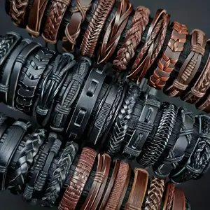 20Pcs Hand-Woven PU Leather Bracelets, Adjustable Bangle Bangle Bracelet Set, Men's Bangle Bangle Bracelet Set, Halloween and Christmas Gift