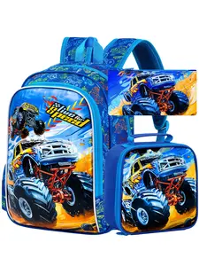 3PCS Boys Truck Backpack, Kids Bookbag with Lunch Box, 16" Preschool Backpacks for Elementary - Truck Blue
